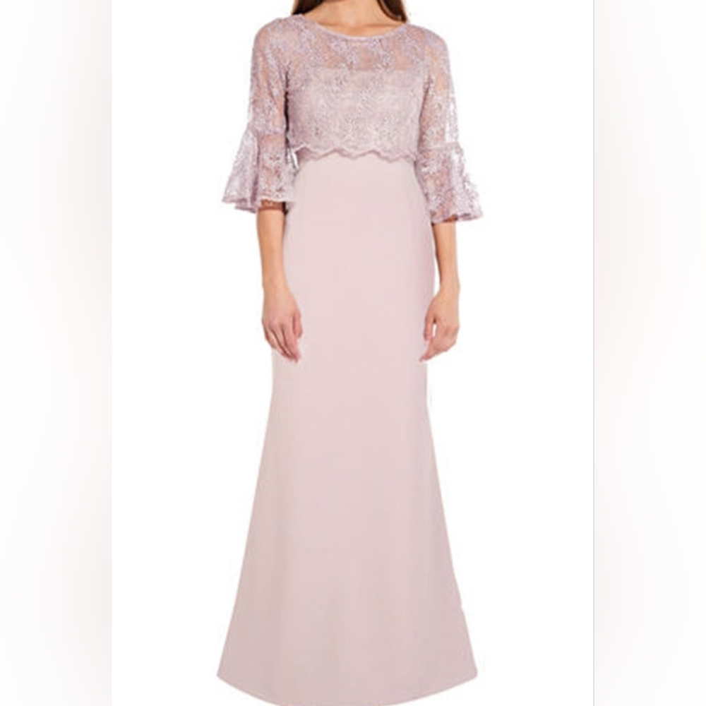 NWT Adrianna Papell Dusty Rose Lace Overlay Dust Pink Bell Sleeve Gown sz‎ 8